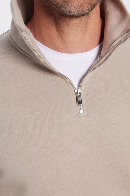 Unisex Relax Fit Rahat Kesim Pamuklu İçi Polarlı Yarım Fermuarlı Taş Renk Dik Yaka Sweatshirt