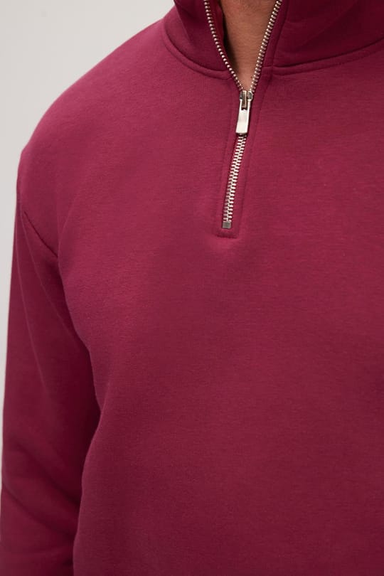 Unisex Relax Fit Rahat Kesim Pamuklu İçi Polarlı Yarım Fermuarlı Fuşya Dik Yaka Sweatshirt