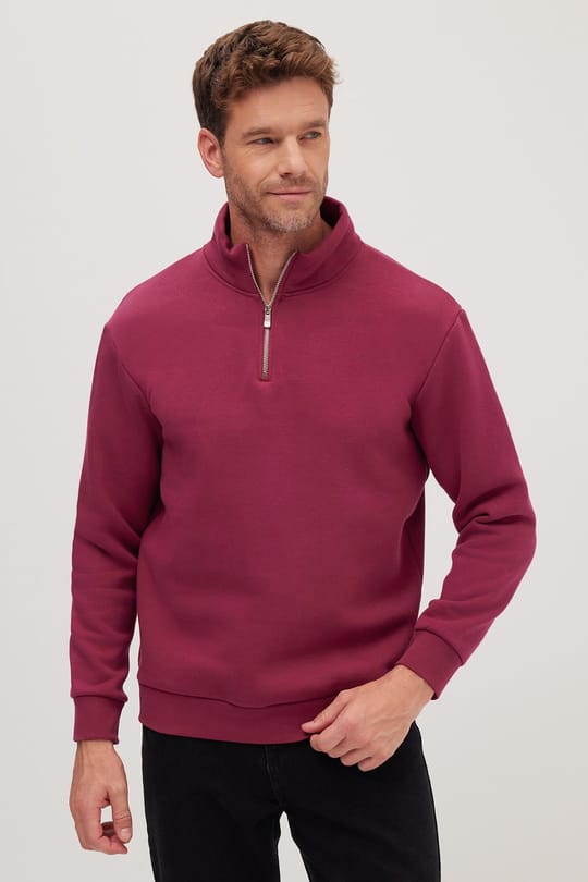 Unisex Relax Fit Rahat Kesim Pamuklu İçi Polarlı Yarım Fermuarlı Fuşya Dik Yaka Sweatshirt