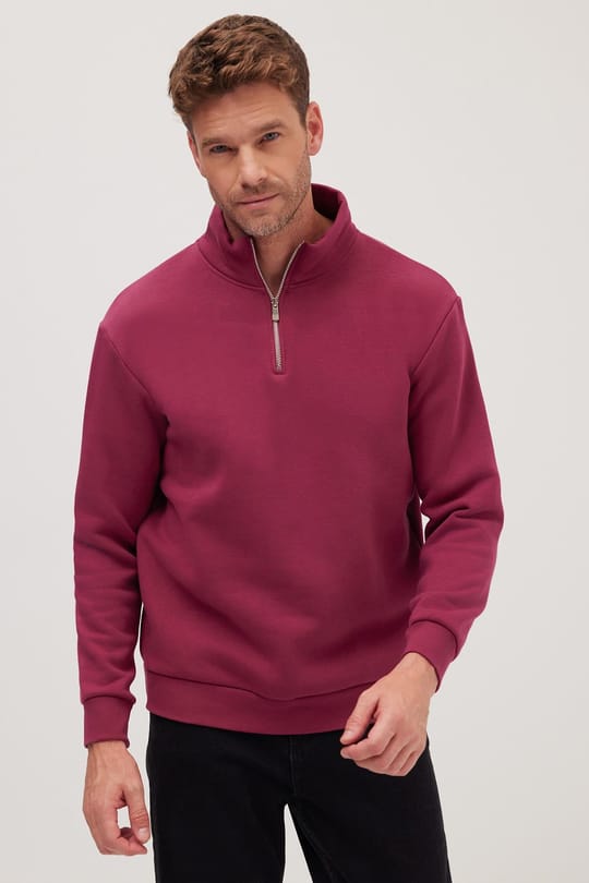 Unisex Relax Fit Rahat Kesim Pamuklu İçi Polarlı Yarım Fermuarlı Fuşya Dik Yaka Sweatshirt