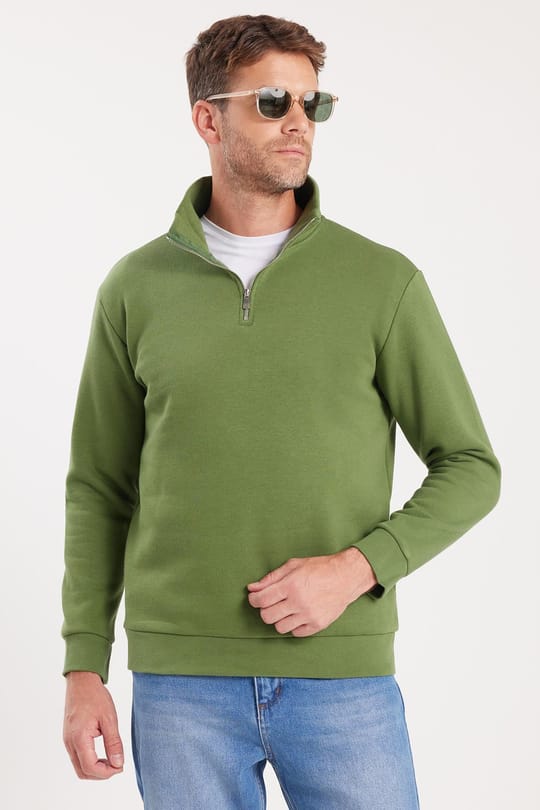 Unisex Relax Fit Rahat Kesim Pamuklu İçi Polarlı Yarım Fermuarlı Yeşil Dik Yaka Sweatshirt