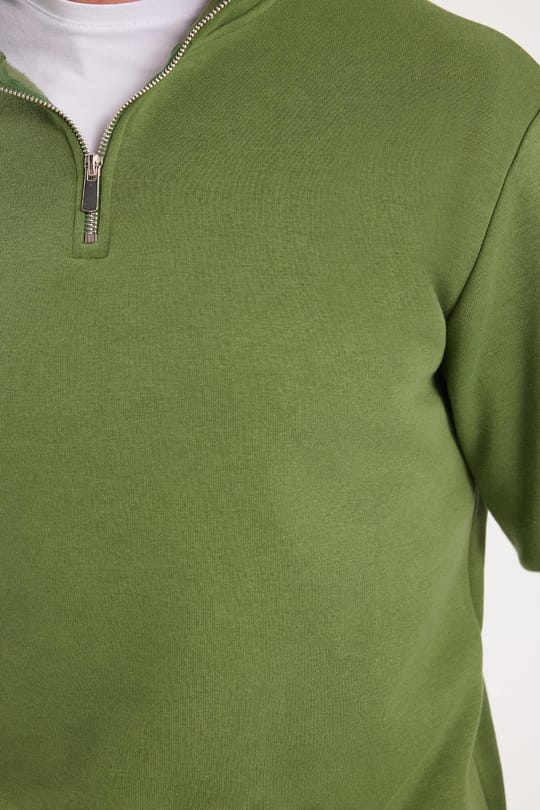 Unisex Relax Fit Rahat Kesim Pamuklu İçi Polarlı Yarım Fermuarlı Yeşil Dik Yaka Sweatshirt