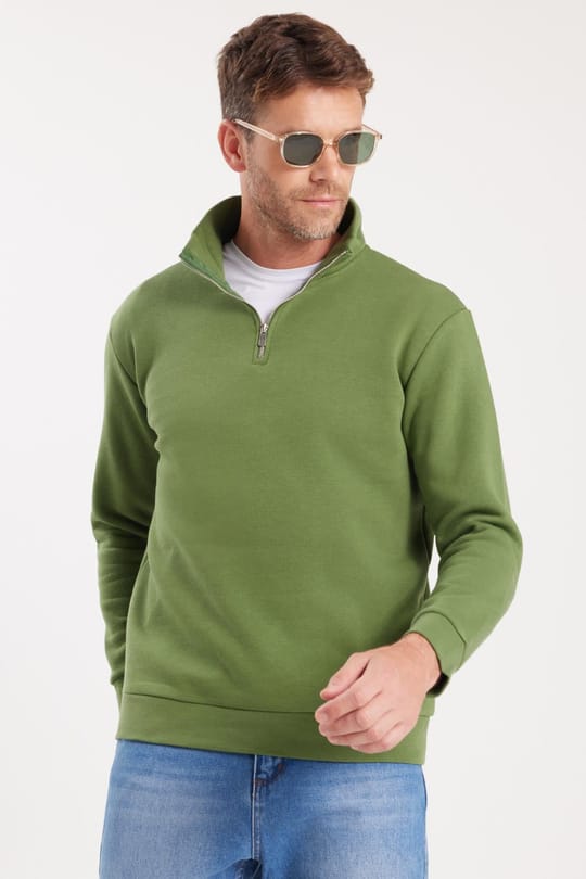 Unisex Relax Fit Rahat Kesim Pamuklu İçi Polarlı Yarım Fermuarlı Yeşil Dik Yaka Sweatshirt