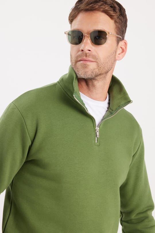 Unisex Relax Fit Rahat Kesim Pamuklu İçi Polarlı Yarım Fermuarlı Yeşil Dik Yaka Sweatshirt