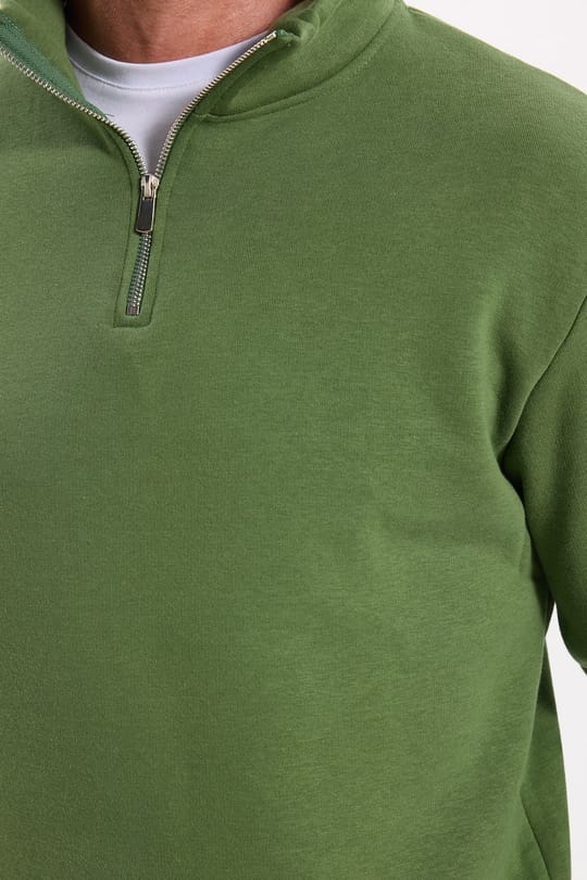 Unisex Relax Fit Rahat Kesim Pamuklu İçi Polarlı Yarım Fermuarlı Yeşil Dik Yaka Sweatshirt