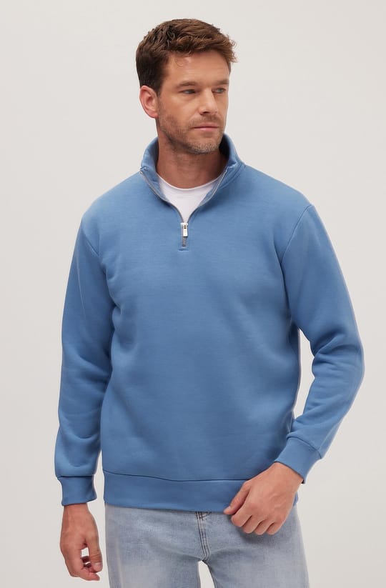 Unisex Relax Fit Rahat Kesim Pamuklu İçi Polarlı Yarım Fermuarlı Petrol Mavi Dik Yaka Sweatshirt