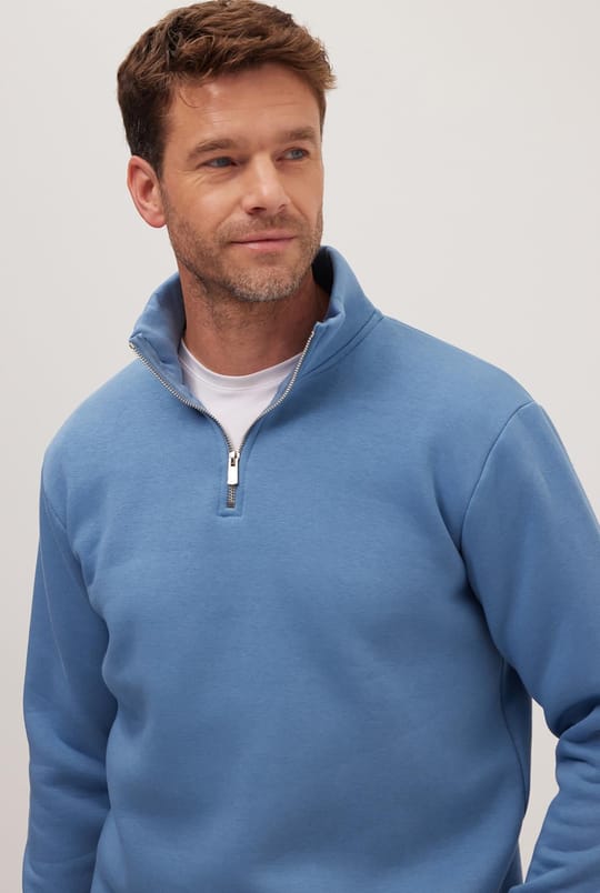 Unisex Relax Fit Rahat Kesim Pamuklu İçi Polarlı Yarım Fermuarlı Petrol Mavi Dik Yaka Sweatshirt