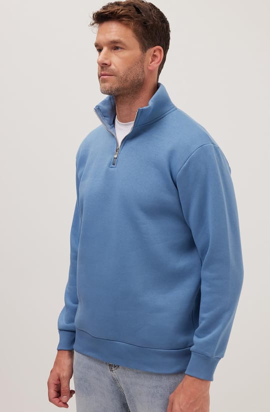 Unisex Relax Fit Rahat Kesim Pamuklu İçi Polarlı Yarım Fermuarlı Petrol Mavi Dik Yaka Sweatshirt