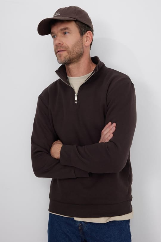 Unisex Relax Fit Rahat Kesim Pamuklu İçi Polarlı Yarım Fermuarlı Kahverengi Dik Yaka Sweatshirt