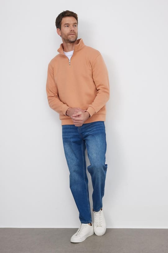 Unisex Relax Fit Rahat Kesim Pamuklu İçi Polarlı Yarım Fermuarlı Yavruağzı Dik Yaka Sweatshirt