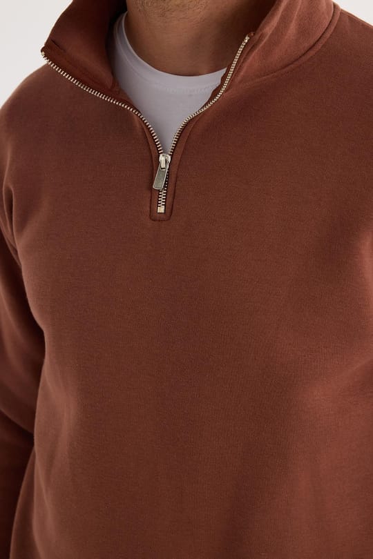 Unisex Relax Fit Rahat Kesim Pamuklu İçi Polarlı Yarım Fermuarlı Kahverengi Dik Yaka Sweatshirt