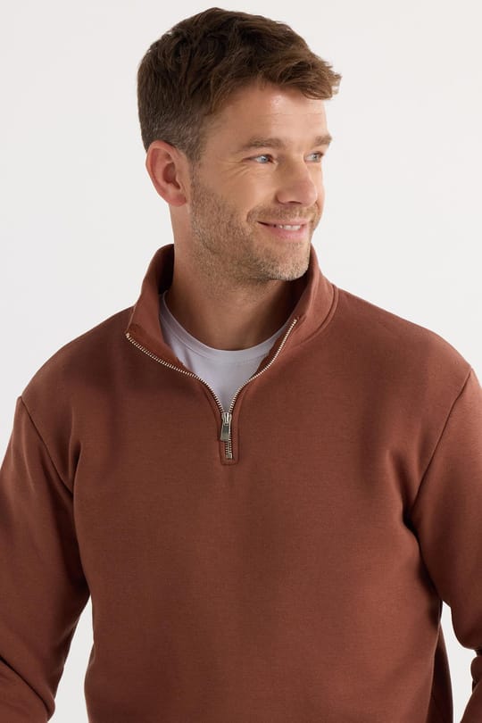 Unisex Relax Fit Rahat Kesim Pamuklu İçi Polarlı Yarım Fermuarlı Kahverengi Dik Yaka Sweatshirt