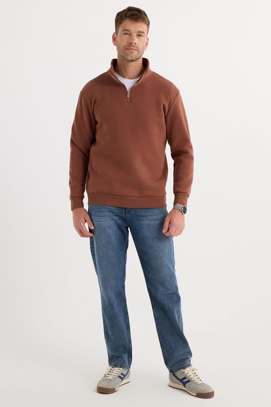 Unisex Relax Fit Rahat Kesim Pamuklu İçi Polarlı Yarım Fermuarlı Kahverengi Dik Yaka Sweatshirt