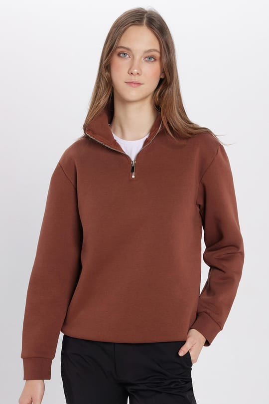 Unisex Relax Fit Rahat Kesim Pamuklu İçi Polarlı Yarım Fermuarlı Kahverengi Dik Yaka Sweatshirt