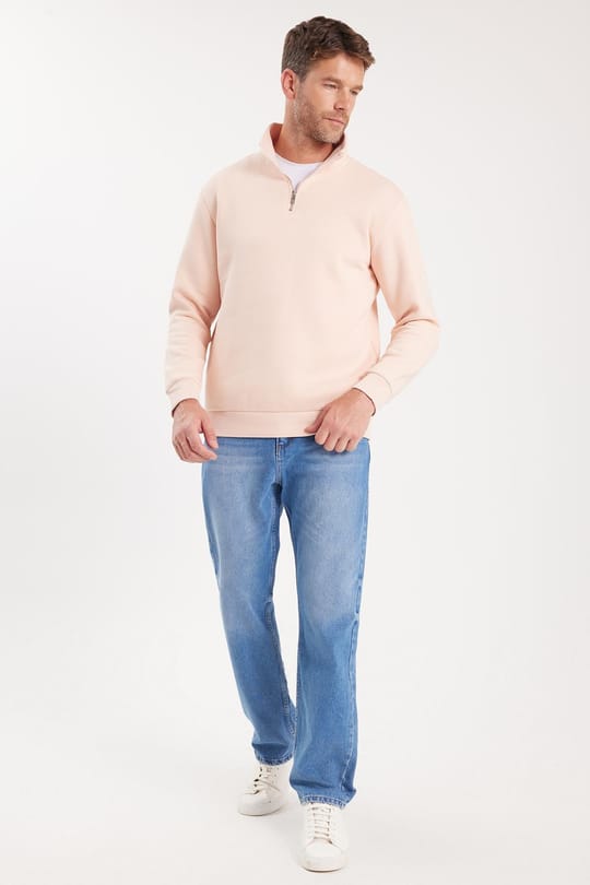 Unisex Relax Fit Rahat Kesim Pamuklu İçi Polarlı Yarım Fermuarlı Somon Dik Yaka Sweatshirt
