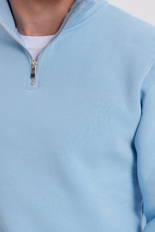Unisex Relax Fit Rahat Kesim Pamuklu İçi Polarlı Yarım Fermuarlı Mavi Dik Yaka Sweatshirt