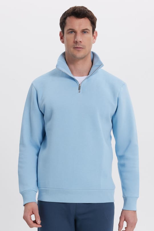 Unisex Relax Fit Rahat Kesim Pamuklu İçi Polarlı Yarım Fermuarlı Mavi Dik Yaka Sweatshirt