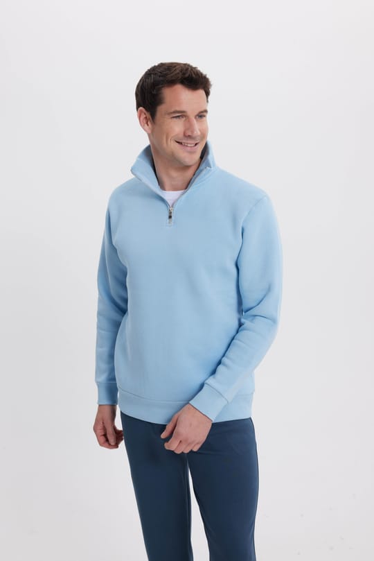 Unisex Relax Fit Rahat Kesim Pamuklu İçi Polarlı Yarım Fermuarlı Mavi Dik Yaka Sweatshirt