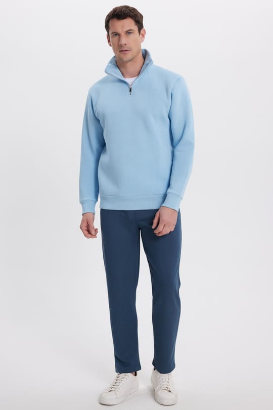Unisex Relax Fit Rahat Kesim Pamuklu İçi Polarlı Yarım Fermuarlı Mavi Dik Yaka Sweatshirt