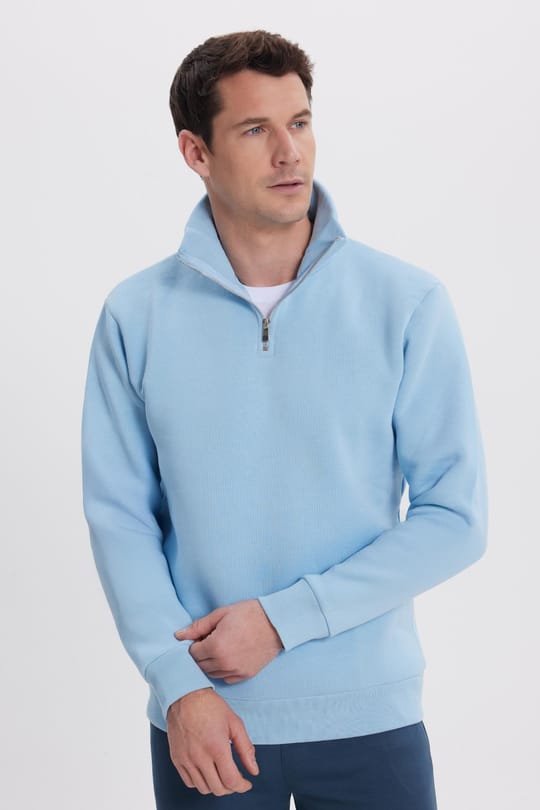 Unisex Relax Fit Rahat Kesim Pamuklu İçi Polarlı Yarım Fermuarlı Mavi Dik Yaka Sweatshirt