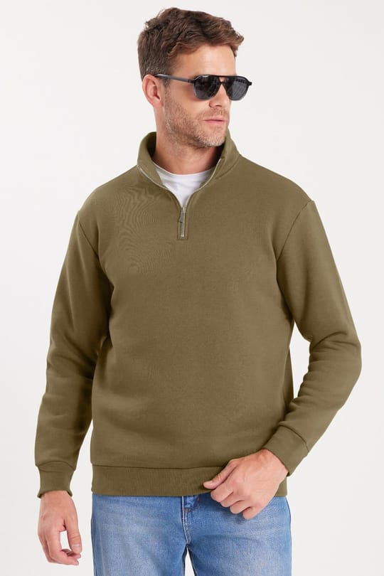 Unisex Relax Fit Rahat Kesim Pamuklu İçi Polarlı Yarım Fermuarlı Haki Dik Yaka Sweatshirt