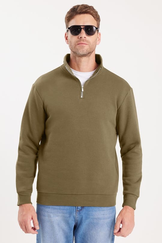 Unisex Relax Fit Rahat Kesim Pamuklu İçi Polarlı Yarım Fermuarlı Haki Dik Yaka Sweatshirt