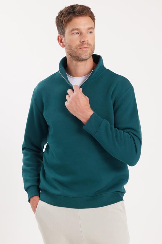 Unisex Relax Fit Rahat Kesim Pamuklu İçi Polarlı Yarım Fermuarlı Yeşil Dik Yaka Sweatshirt