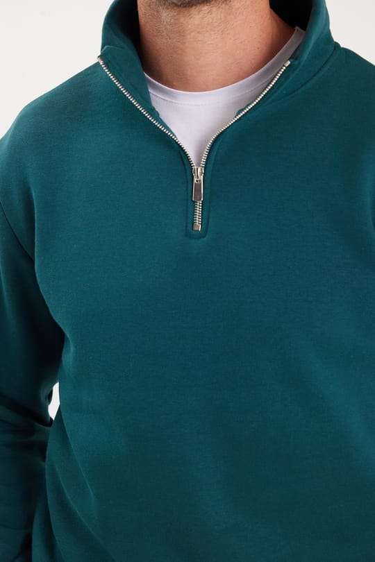 Unisex Relax Fit Rahat Kesim Pamuklu İçi Polarlı Yarım Fermuarlı Yeşil Dik Yaka Sweatshirt