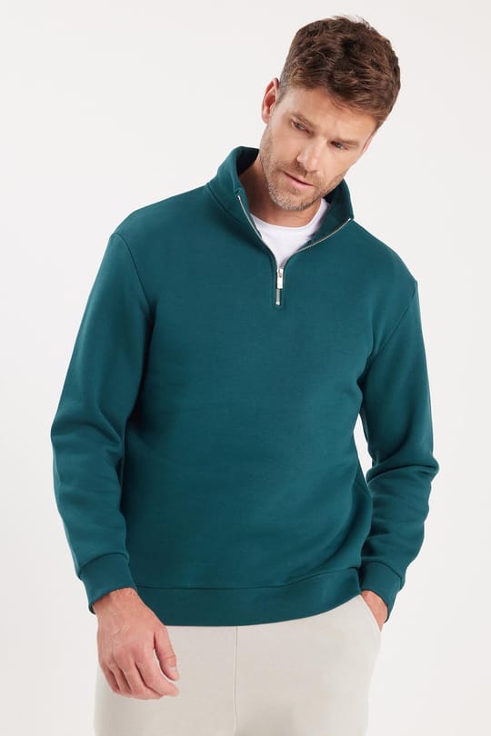 Unisex Relax Fit Rahat Kesim Pamuklu İçi Polarlı Yarım Fermuarlı Yeşil Dik Yaka Sweatshirt