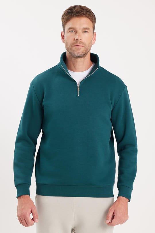 Unisex Relax Fit Rahat Kesim Pamuklu İçi Polarlı Yarım Fermuarlı Yeşil Dik Yaka Sweatshirt