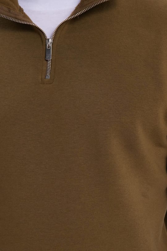 Unisex Relax Fit Rahat Kesim Pamuklu İçi Polarlı Yarım Fermuarlı Yeşil Dik Yaka Sweatshirt