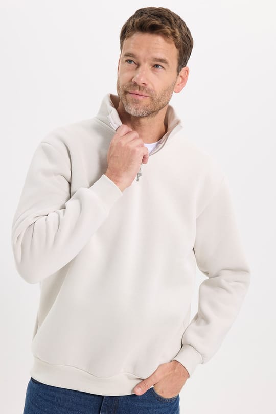 Unisex Relax Fit Rahat Kesim Pamuklu İçi Polarlı Yarım Fermuarlı Gri Dik Yaka Sweatshirt