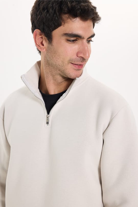 Unisex Relax Fit Rahat Kesim Pamuklu İçi Polarlı Yarım Fermuarlı Gri Dik Yaka Sweatshirt