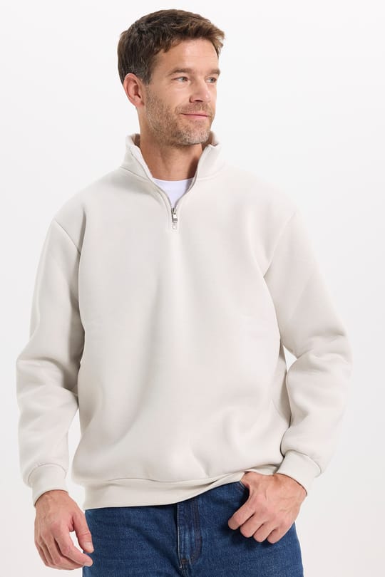 Unisex Relax Fit Rahat Kesim Pamuklu İçi Polarlı Yarım Fermuarlı Gri Dik Yaka Sweatshirt
