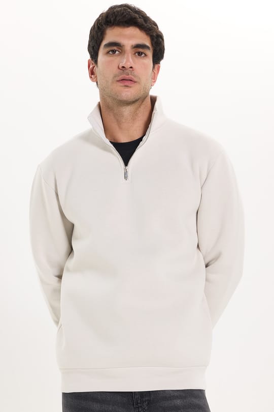 Unisex Relax Fit Rahat Kesim Pamuklu İçi Polarlı Yarım Fermuarlı Gri Dik Yaka Sweatshirt