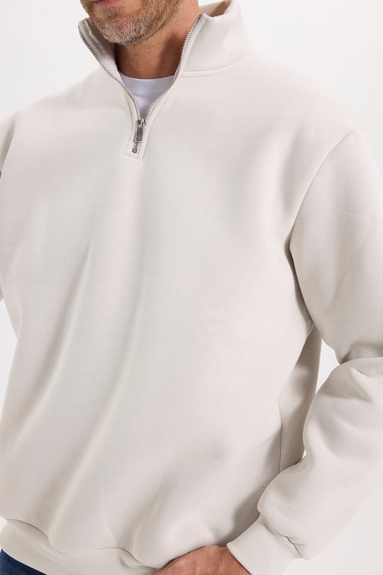 Unisex Relax Fit Rahat Kesim Pamuklu İçi Polarlı Yarım Fermuarlı Gri Dik Yaka Sweatshirt