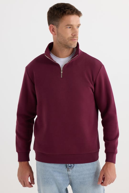 Unisex Relax Fit Rahat Kesim Pamuklu İçi Polarlı Yarım Fermuarlı Bordo Dik Yaka Sweatshirt