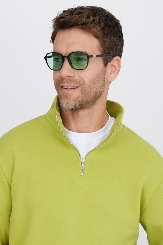 Unisex Relax Fit Rahat Kesim Pamuklu İçi Polarlı Yarım Fermuarlı Yeşil Dik Yaka Sweatshirt