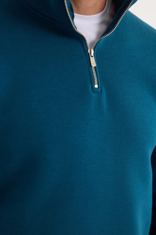 Unisex Relax Fit Rahat Kesim Pamuklu İçi Polarlı Yarım Fermuarlı İndigo Dik Yaka Sweatshirt