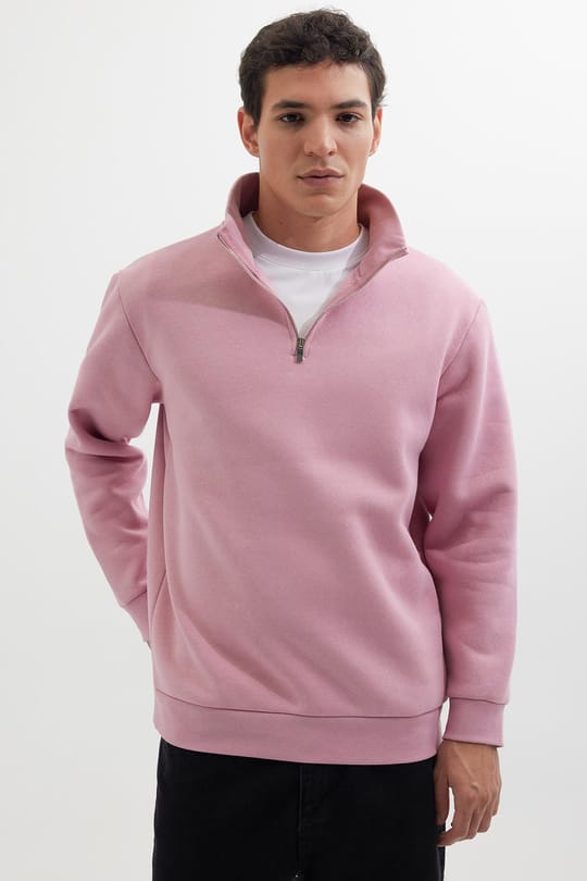 Unisex Relax Fit Rahat Kesim Pamuklu İçi Polarlı Yarım Fermuarlı Lila Dik Yaka Sweatshirt