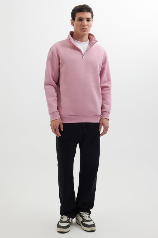 Unisex Relax Fit Rahat Kesim Pamuklu İçi Polarlı Yarım Fermuarlı Lila Dik Yaka Sweatshirt