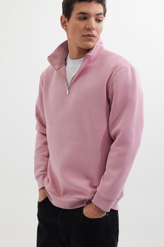 Unisex Relax Fit Rahat Kesim Pamuklu İçi Polarlı Yarım Fermuarlı Lila Dik Yaka Sweatshirt