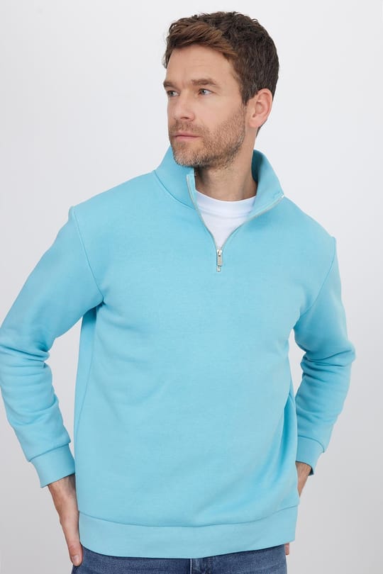 Unisex Relax Fit Rahat Kesim Pamuklu İçi Polarlı Yarım Fermuarlı Açık Mavi Dik Yaka Sweatshirt