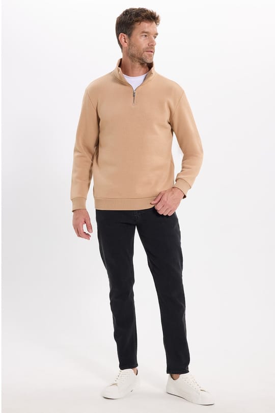 Unisex Relax Fit Rahat Kesim Pamuklu İçi Polarlı Yarım Fermuarlı Taş Renk Dik Yaka Sweatshirt