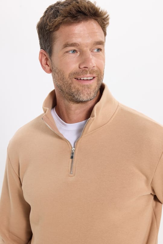 Unisex Relax Fit Rahat Kesim Pamuklu İçi Polarlı Yarım Fermuarlı Taş Renk Dik Yaka Sweatshirt