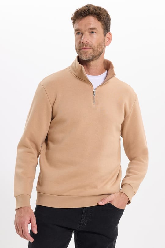 Unisex Relax Fit Rahat Kesim Pamuklu İçi Polarlı Yarım Fermuarlı Taş Renk Dik Yaka Sweatshirt