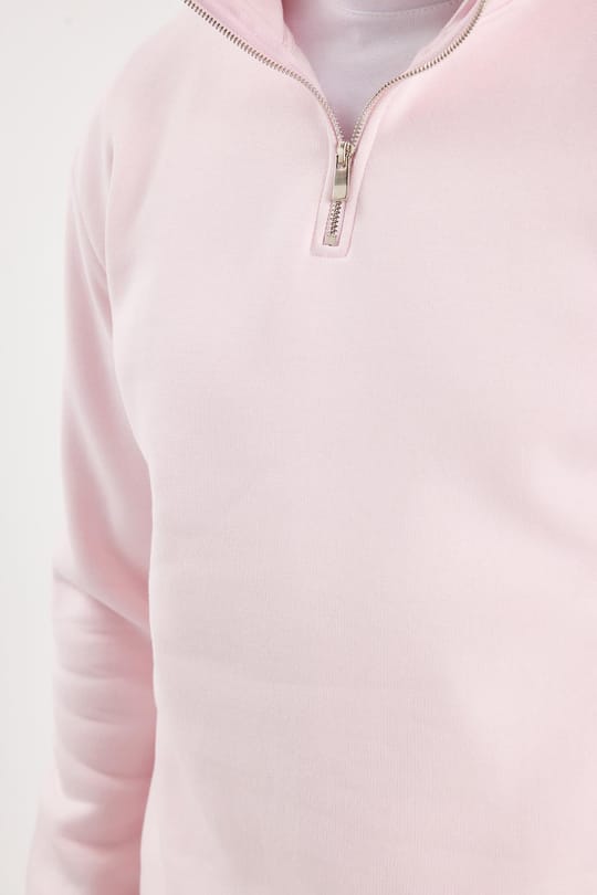 Unisex Relax Fit Rahat Kesim Pamuklu İçi Polarlı Yarım Fermuarlı Pembe Dik Yaka Sweatshirt