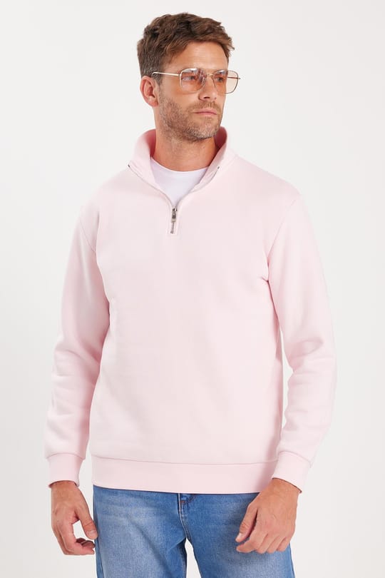 Unisex Relax Fit Rahat Kesim Pamuklu İçi Polarlı Yarım Fermuarlı Pembe Dik Yaka Sweatshirt
