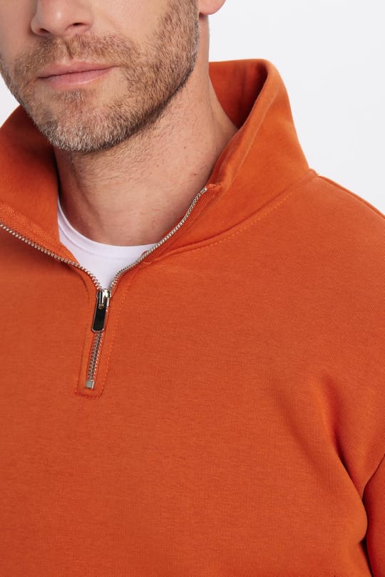 Unisex Relax Fit Rahat Kesim Pamuklu İçi Polarlı Yarım Fermuarlı Kiremit Renk Dik Yaka Sweatshirt
