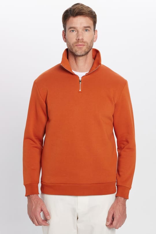 Unisex Relax Fit Rahat Kesim Pamuklu İçi Polarlı Yarım Fermuarlı Kiremit Renk Dik Yaka Sweatshirt